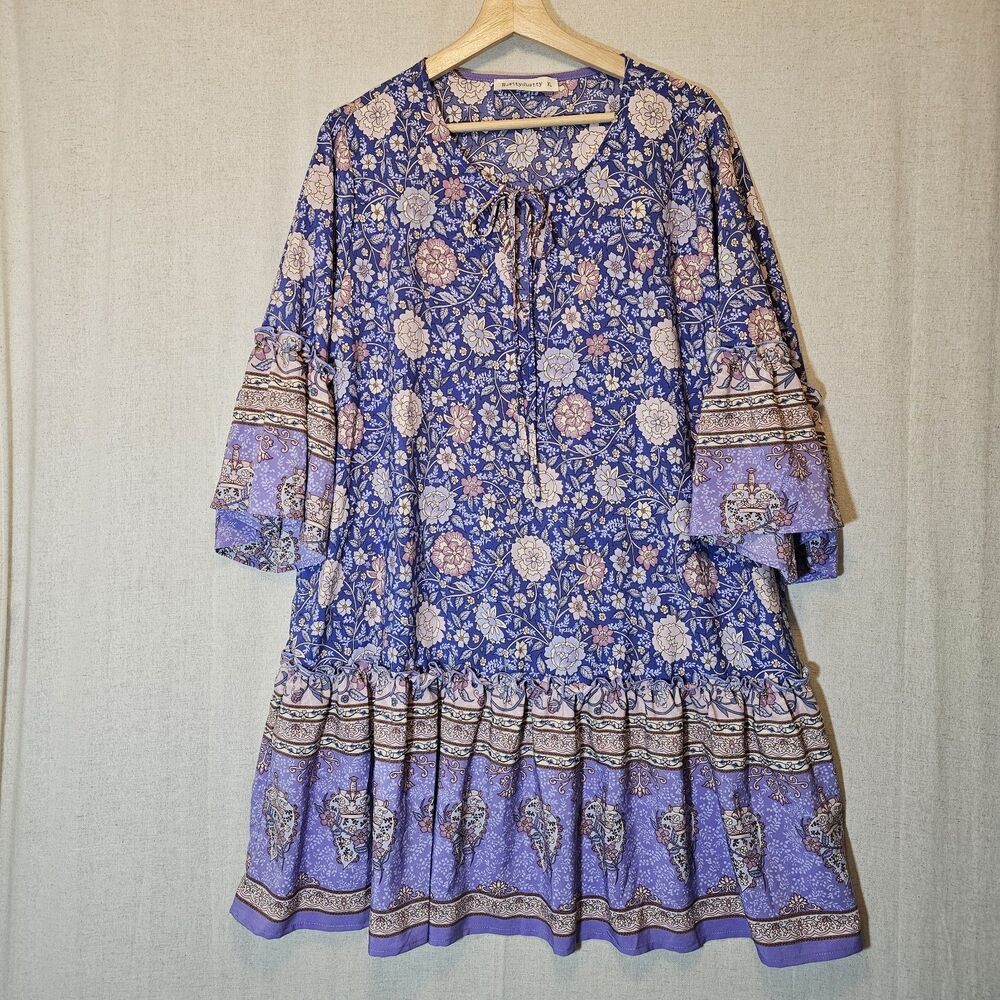 Rusttydustty Womens Peasant Dress Size XL Purple Pink Floral Ruffles Feminine